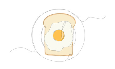 Fried egg on toast on a plate. Continuous one line drawing with color. Minimal illustration vector.	