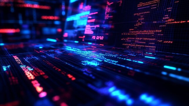 Abstract digital background with glowing lines of code in vibrant pink and blue hues.