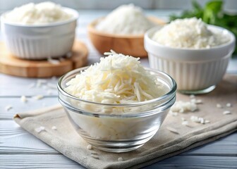 fresh shredded coconut flake in glass bowl