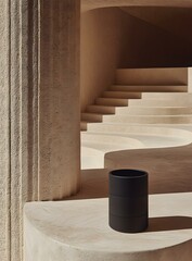 Minimalist Black Trash Can Against a Cream Concrete Wall with a Staircase