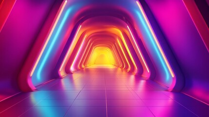 Abstract futuristic corridor with glowing neon lights in vibrant pink, blue, and yellow.