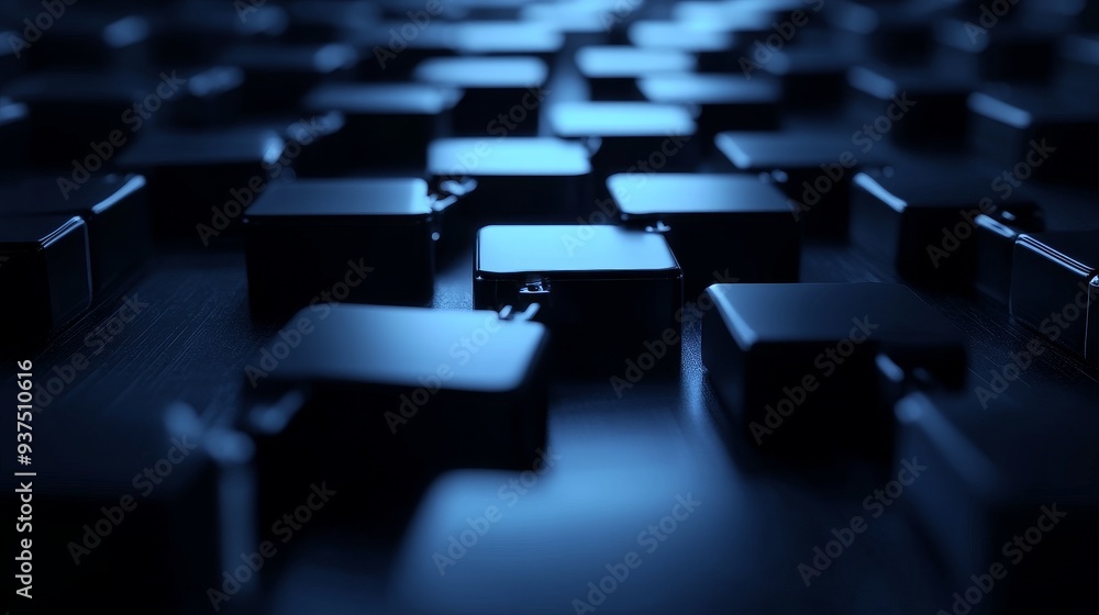 Poster abstract pattern of black cubes with a blue glow, creating a modern and futuristic design.