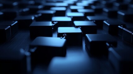 Obraz premium Abstract pattern of black cubes with a blue glow, creating a modern and futuristic design.