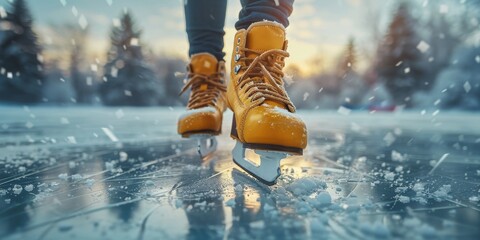 Yellow Ice Skates on Frozen Lake