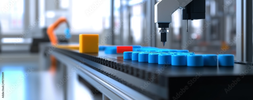 Poster automated production line with blue objects moving on a conveyor belt.