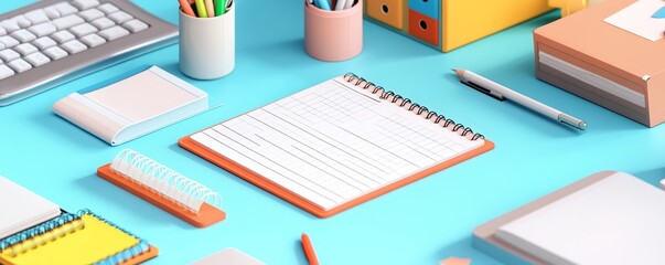 Blue desk with notebook, pencils, keyboard and office supplies.