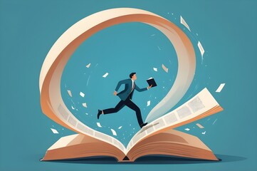 A man stepping into a portal shaped like an open book, with pages fluttering around him
