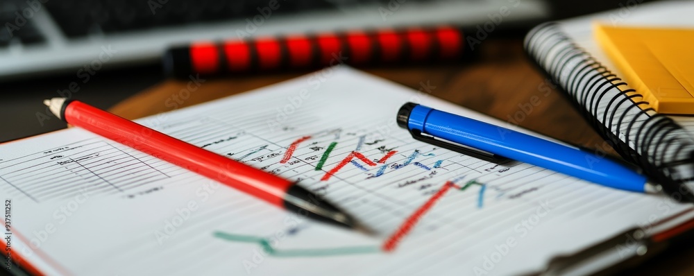 Poster close-up of a notebook with two pens and a graph.