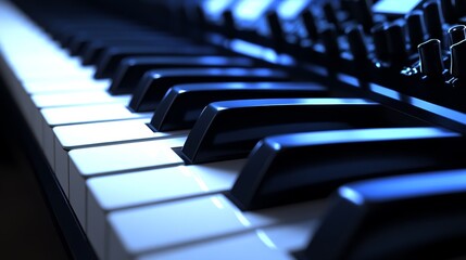 Close-up of a piano keyboard with white and black keys, illuminated with blue light.
