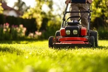 Lawn care. Mowing and caring for the grass with a lawn mower in a bright and colorful garden