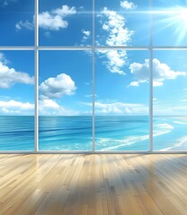 Ocean View Through Large Window with Wooden Floor