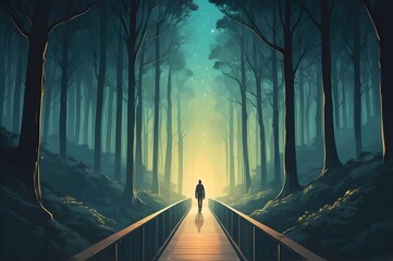 A lone figure standing on a bridge made of light, leading into a forest of glowing trees