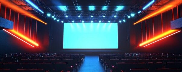 Obraz premium Empty stage with blue screen and neon lights.