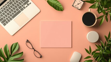 Flat lay of a workspace with a laptop, coffee, plants, and a blank notebook.