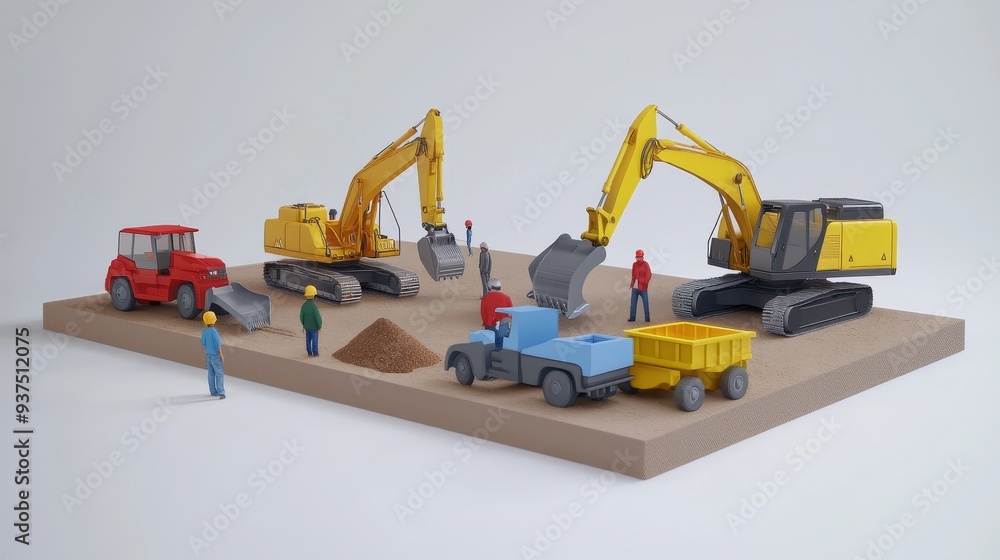 Wall mural miniature construction scene with excavators, trucks, and workers on a wooden base.