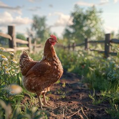 A vibrant chicken standing proudly in a lush garden, surrounded by greenery and a rustic wooden fence during a sunny day.