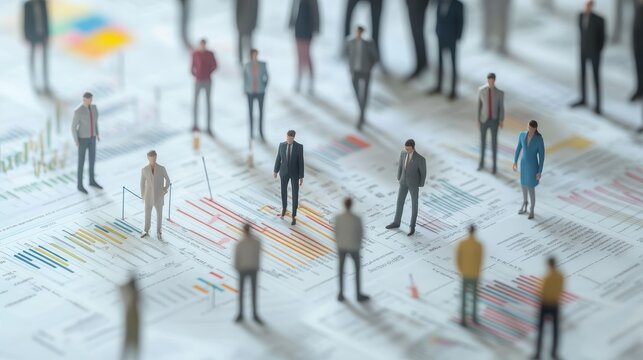 Miniature figures of people stand on a chart, representing a large group of people working together.
