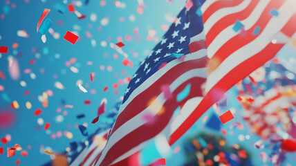 Fototapeta premium Vibrant celebration of patriotism with American flags and colorful confetti dancing in the summer breeze