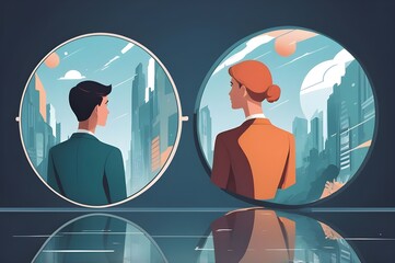 A person looking into a mirror, with a completely different world reflected back