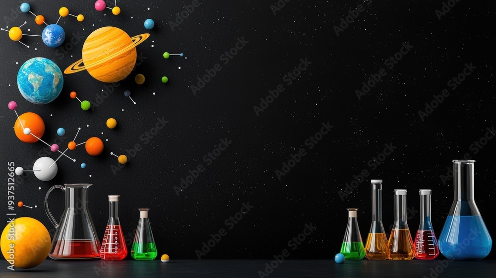 Poster seamless pattern of hand-drawn science icons such as planets and beakers on a chalkboard background