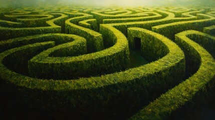 Spiral Garden Maze - A vibrant, spiraling green hedge maze stretches towards the horizon, evoking a sense of adventure and exploration.