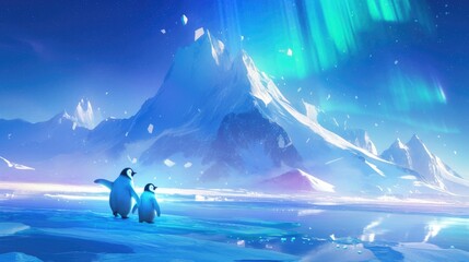 Two penguins stand on a snowy mountaintop, looking out at a frozen lake beneath a starry sky with the aurora borealis.