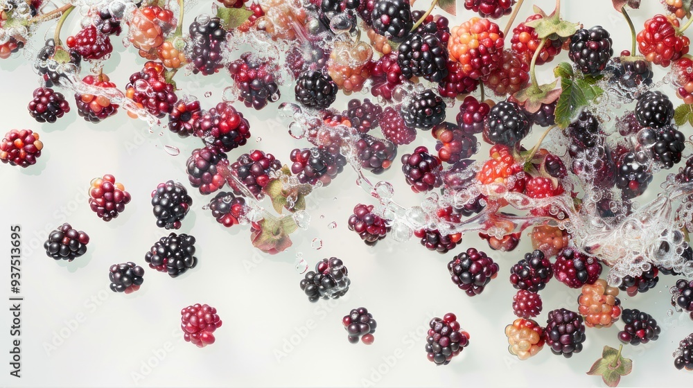Poster a cascade of blackberries tumbling down a white canvas, their rounded shapes and vibrant colors crea