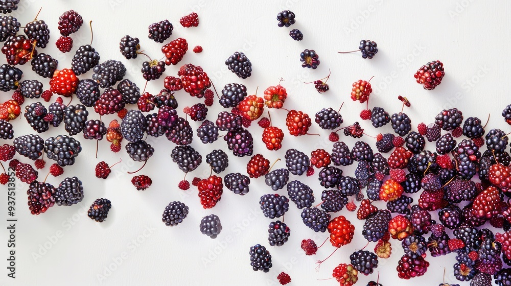 Poster a cascade of blackberries tumbling down a white canvas, their rounded shapes and vibrant colors crea