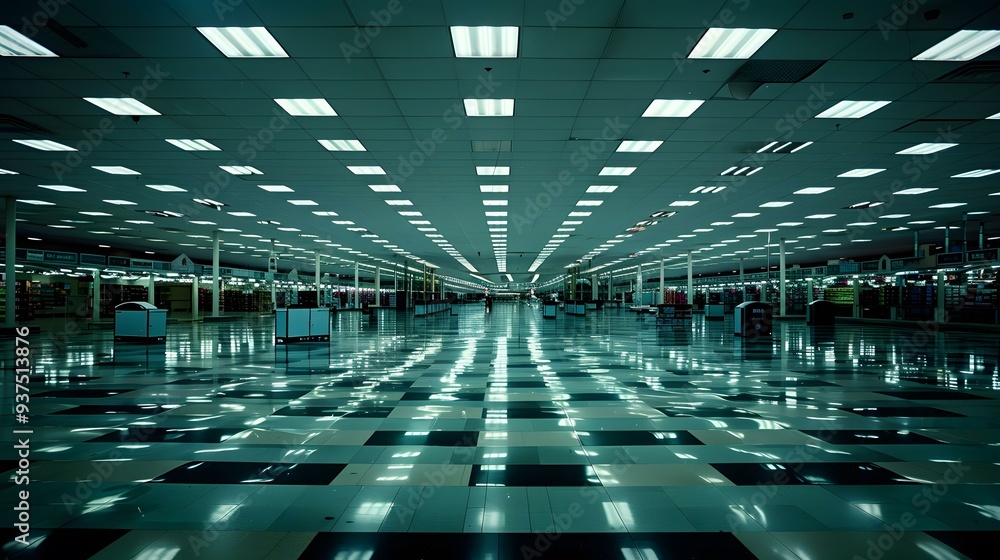 Wall mural Empty Retail Store Interior with Fluorescent Lights and Checkerboard Floor