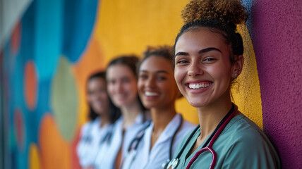 Fototapeta premium A joyful group of healthcare professionals smiling together against a vibrant mural in an urban setting during sunny daylight