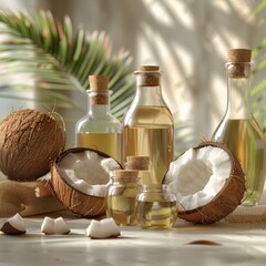 Aesthetic display of coconut products including oils, nuts, and fresh slices in a serene natural setting.