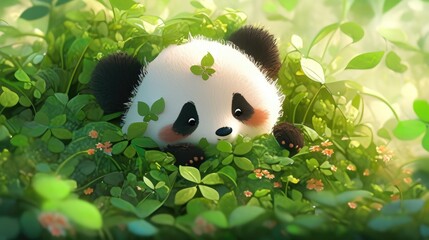 Cute Panda Bear Hiding in Green Grass.