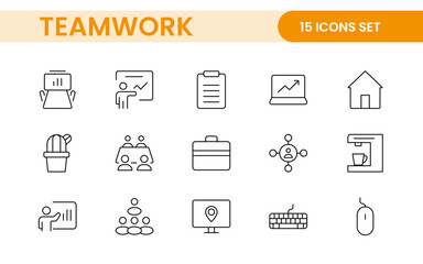 Teamwork linear icons collection. Set of coworking space icons. Business teamwork, team building, work group, and human resources minimal thin line web icon set.