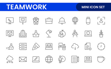 Teamwork linear icons collection. Set of coworking space icons. Business teamwork, team building, work group, and human resources minimal thin line web icon set.