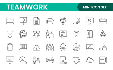Teamwork linear icons collection. Set of coworking space icons. Business teamwork, team building, work group, and human resources minimal thin line web icon set.