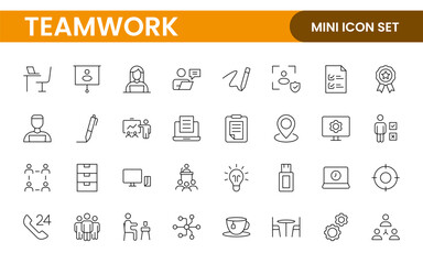 Teamwork linear icons collection. Set of coworking space icons. Business teamwork, team building, work group, and human resources minimal thin line web icon set.