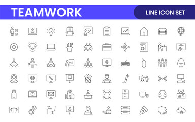 Teamwork linear icons collection. Set of coworking space icons. Business teamwork, team building, work group, and human resources minimal thin line web icon set.