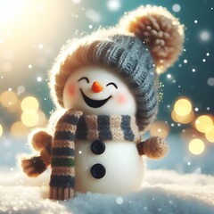 Cute Laughing Snowman with Wool Hat & Scarf - Photorealistic Winter Scene with Bokeh Lights