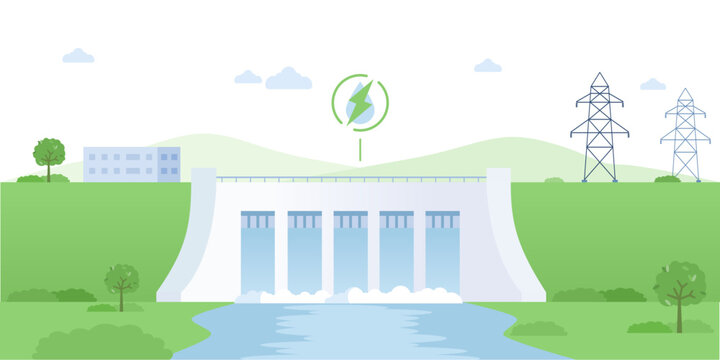 Illustration of a hydroelectric dam generating sustainable energy, surrounded by nature.  Dam with turbines as nature-friendly and sustainable resource generation type vector illustration.
