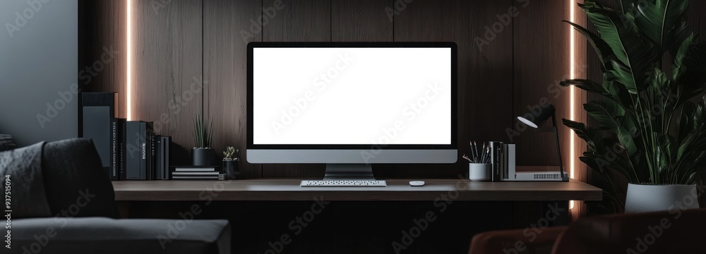 Poster modern home office workspace with blank computer screen
