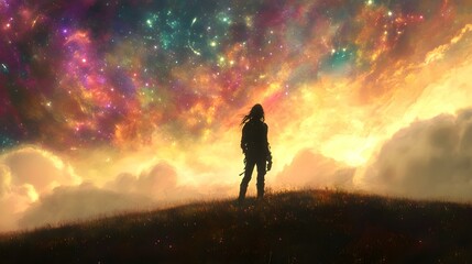 Fototapeta premium Silhouette of a Person Standing in Front of a Starry Sky