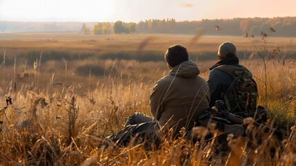 Hunter men friends resting in a rural field during hunting, symbolizing strong friendship.
