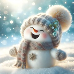 Obraz premium Cute Laughing Snowman with Wool Hat & Scarf - Photorealistic Winter Scene with Bokeh Lights