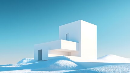 Minimalist White Modern House Architectural Design with Blue Sky