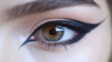 Obraz premium Create a close-up of a model's eye with dramatic emo eyeliner on a white background, capturing the intricate details and reflections of the eyeliner, more clarity with clear light and sharp focus,
