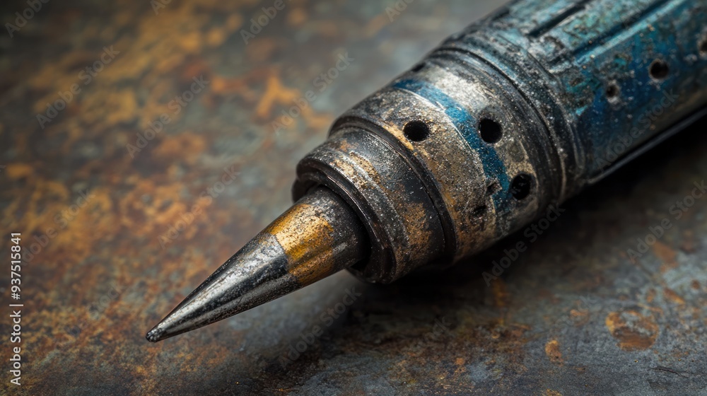 Poster close-up of a rusty and weathered metal tool