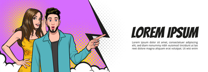 people whispering gossip or business secret to friend surprised In Retro Vintage Pop Art Comic Style