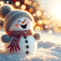 Cute Laughing Snowman with Wool Hat & Scarf - Photorealistic Winter Scene with Bokeh Lights
