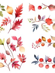 Vibrant Autumn Foliage Watercolor Collection: A Botanical Illustration of Colorful Leaves and Berries-autumn leaves background