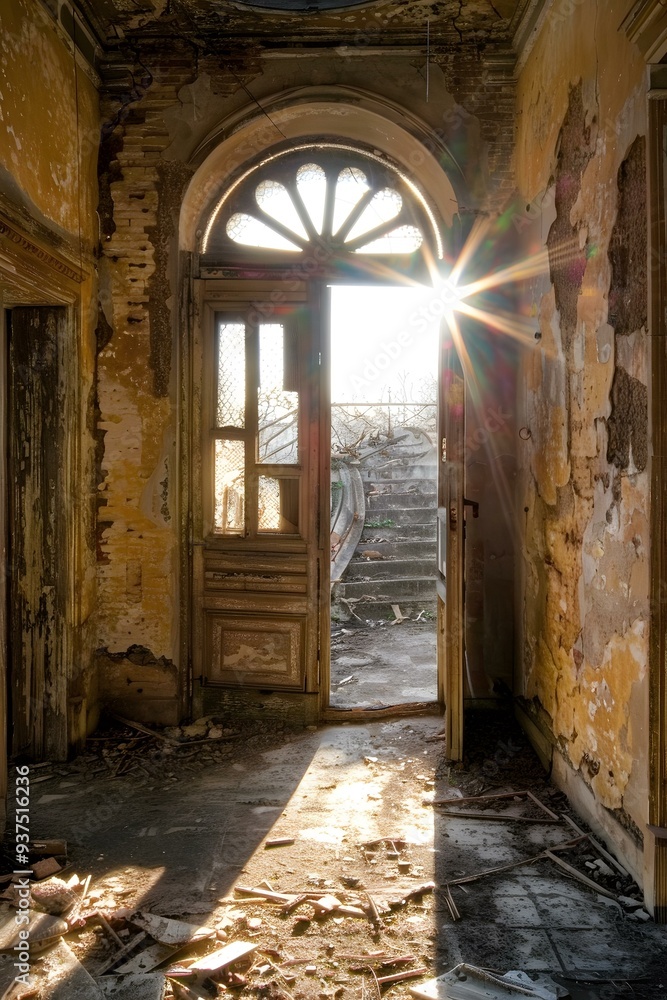 Canvas Prints abandoned building with sun shining through doorway